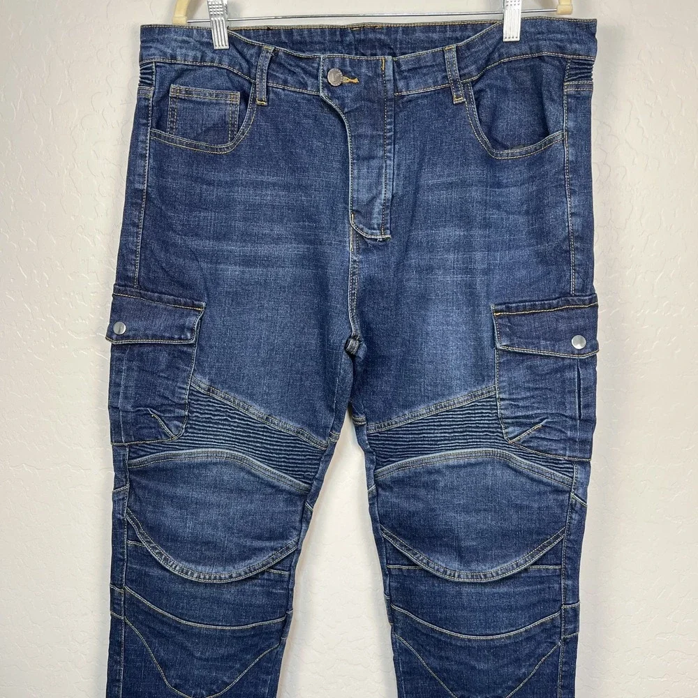VOLERO Denim‎ Motorcycle Jeans Mens 38/31 EU 2XL Med Wash Deep Knee Pockets Moto